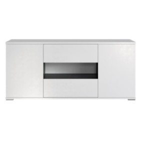 STAR Meuble TV 2 portes 2 tiroirs - Blanc brillant et gris - L 150 x P 42 x H 67cm