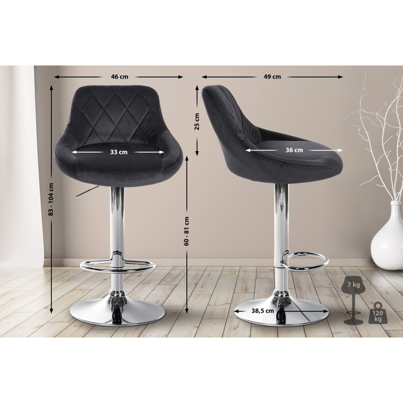 Tabouret de bar Lazio, velours, chrome, gris foncé