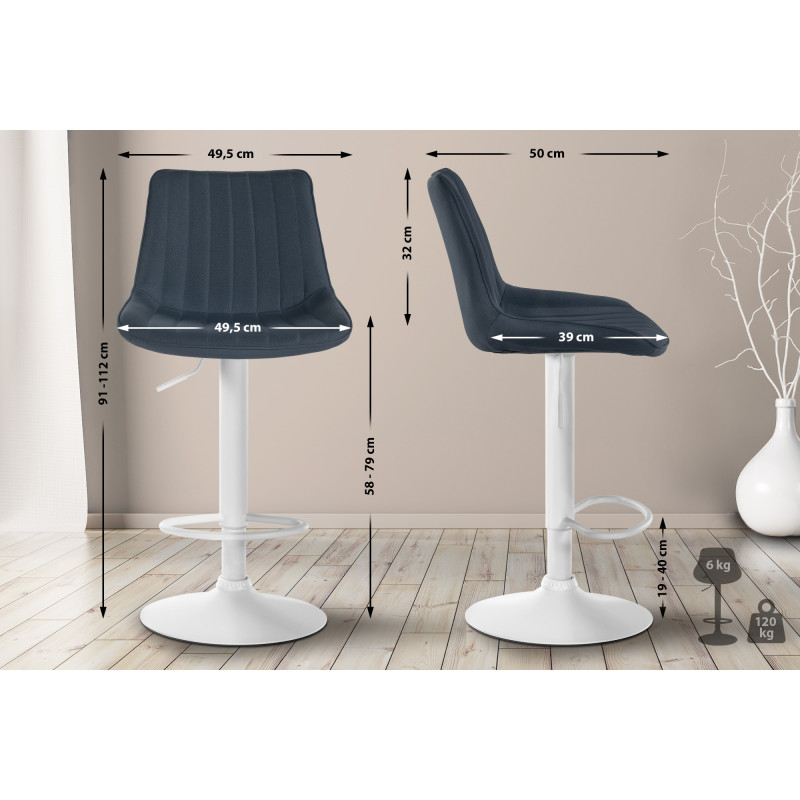 Tabouret de bar Toni en tissu blanc gris foncé
