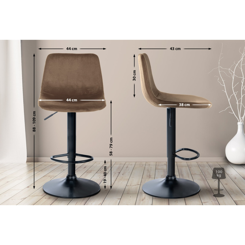 Tabouret de bar Divo, velours, noir/marron