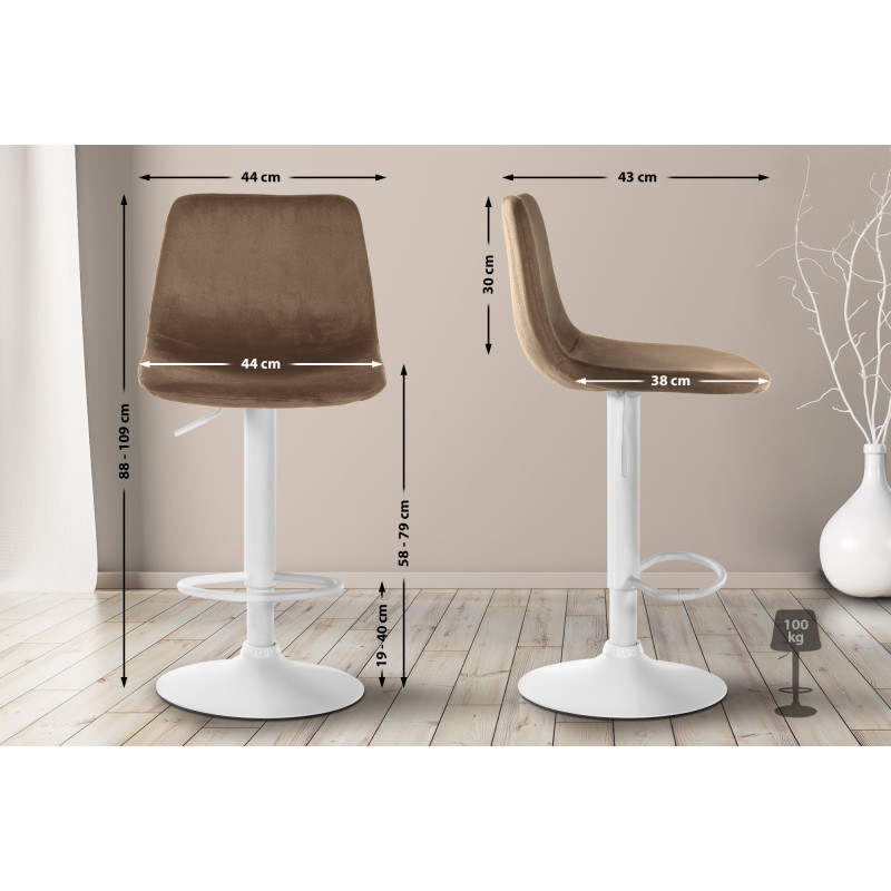 Tabouret de bar Divo en velours, blanc/marron