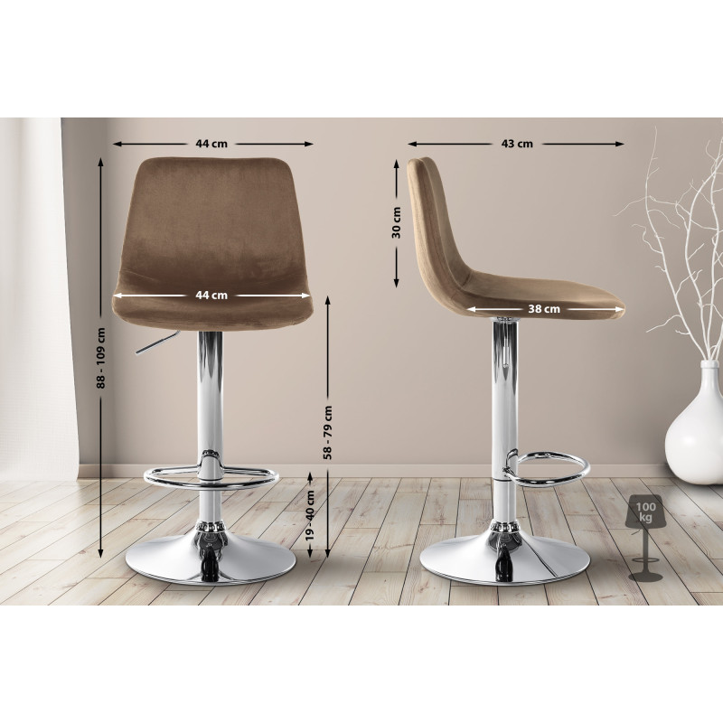 Tabouret de bar Divo, velours, chrome, marron