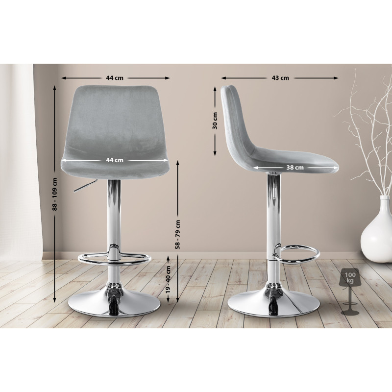 Tabouret de bar Divo, velours, chrome, gris