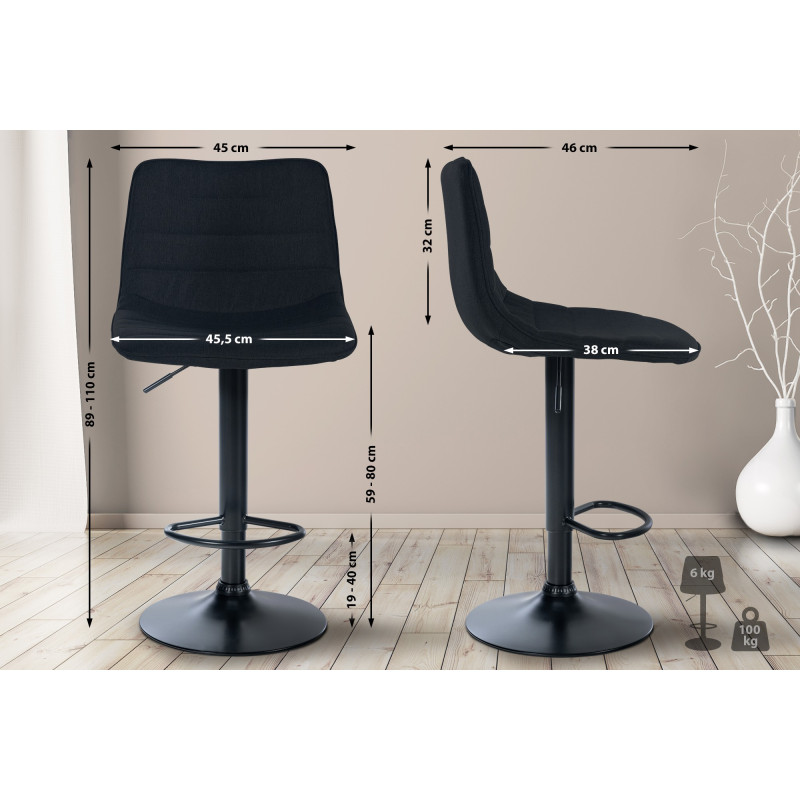 Tabouret de bar Lex, tissu noir