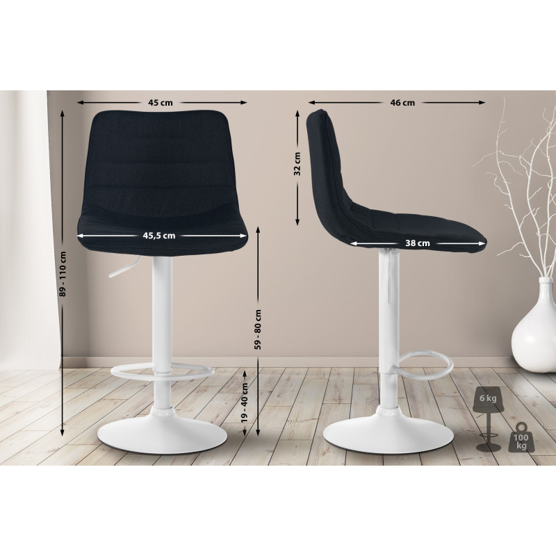 Tabouret de bar Lex, tissu, blanc/noir