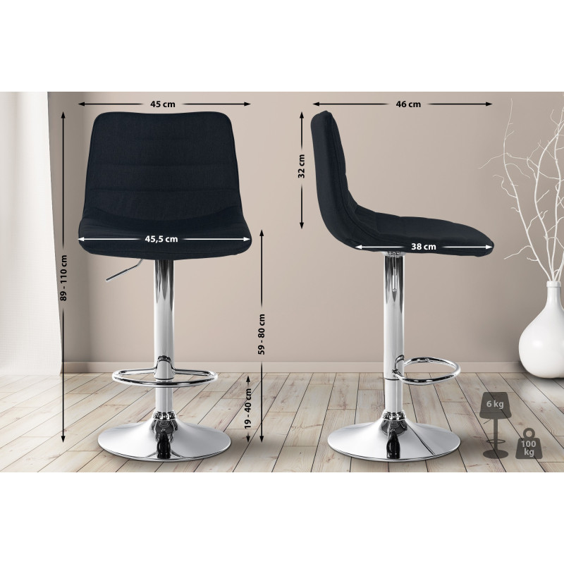 Tabouret de bar Lex, tissu, chrome, noir