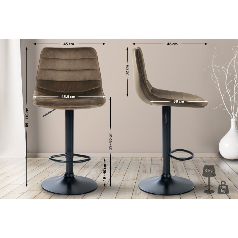 Tabouret de bar Lex, velours, noir/marron
