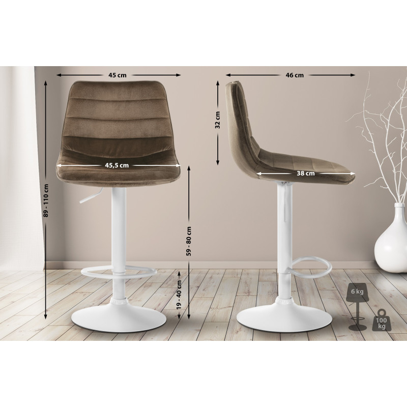 Tabouret de bar Lex en velours, blanc/marron