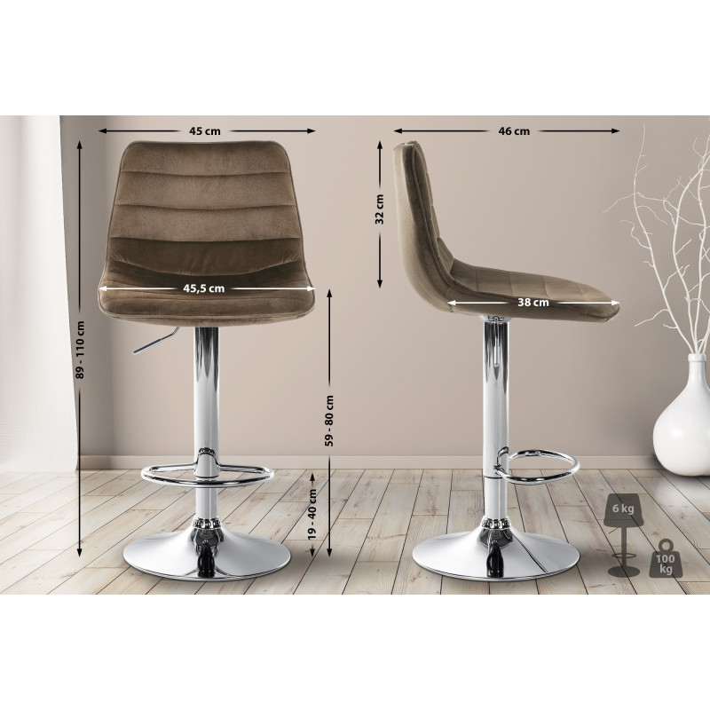 Tabouret de bar Lex, velours, chrome, marron