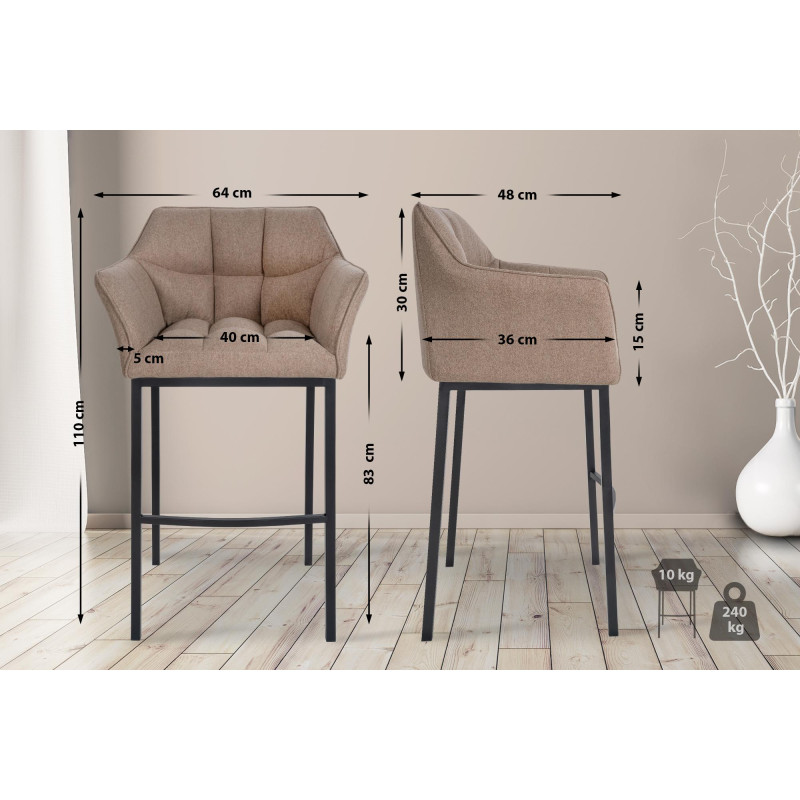 Tabouret de bar Damaso B en feutre avec piètement à 4 pieds, taupe