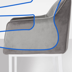 Tabouret de bar Damaso W en velours gris, piètement à 4 pieds.