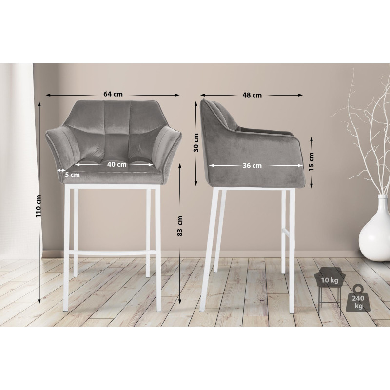 Tabouret de bar Damaso W en velours gris, piètement à 4 pieds.