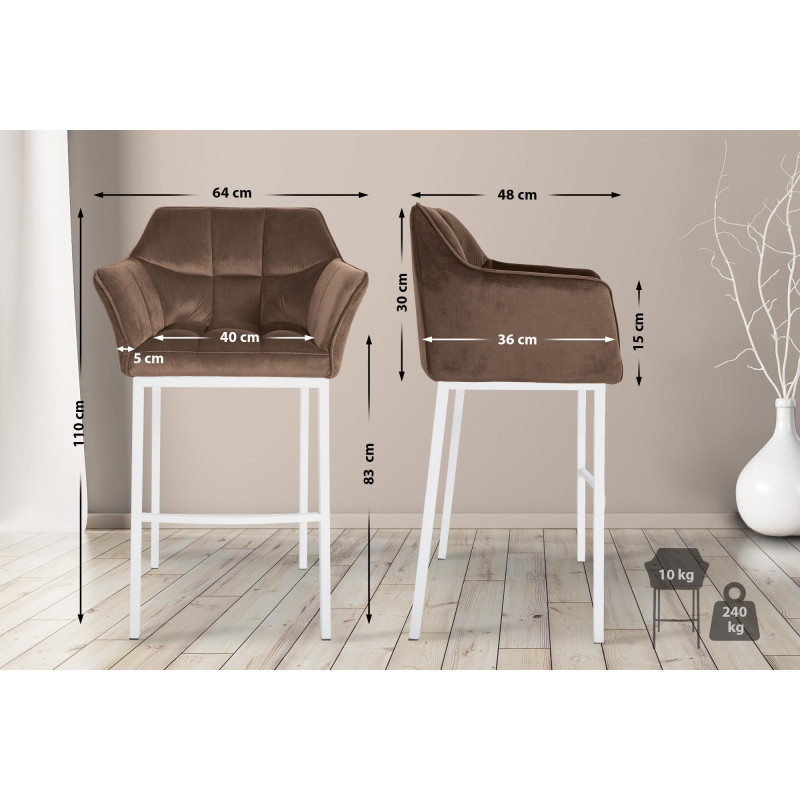 Tabouret de bar Damaso W en velours marron, piètement à 4 pieds