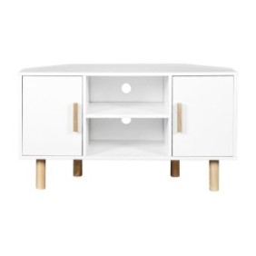 Meuble TV d'angle LILA - 2 portes - Décor mélaminé Blanc - Pieds en bois massif - L90 x P35 x H55 cm