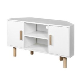 Meuble TV d'angle LILA - 2 portes - Décor mélaminé Blanc - Pieds en bois massif - L90 x P35 x H55 cm