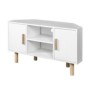 Meuble TV d'angle LILA - 2 portes - Décor mélaminé Blanc - Pieds en bois massif - L90 x P35 x H55 cm