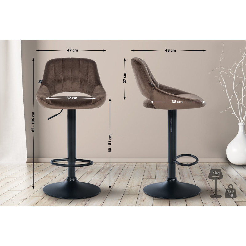 Tabouret de bar Milet en velours, noir/marron