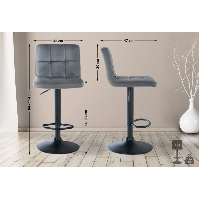 Tabouret de bar Peru, velours, noir/gris foncé