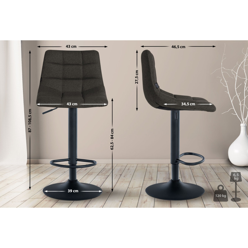 Tabouret de bar Jerry, tissu noir/gris foncé