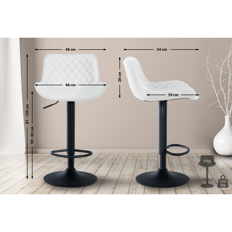 Lot de 2 tabourets de bar Minosa, similicuir, blanc