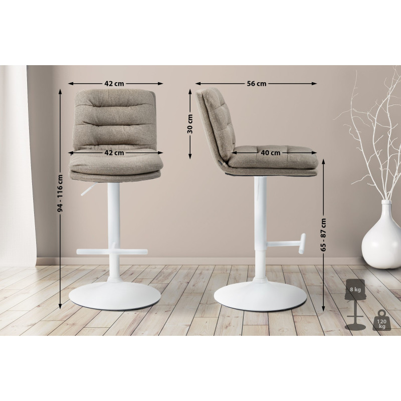 Tabouret de bar Damar, tissu, blanc/taupe