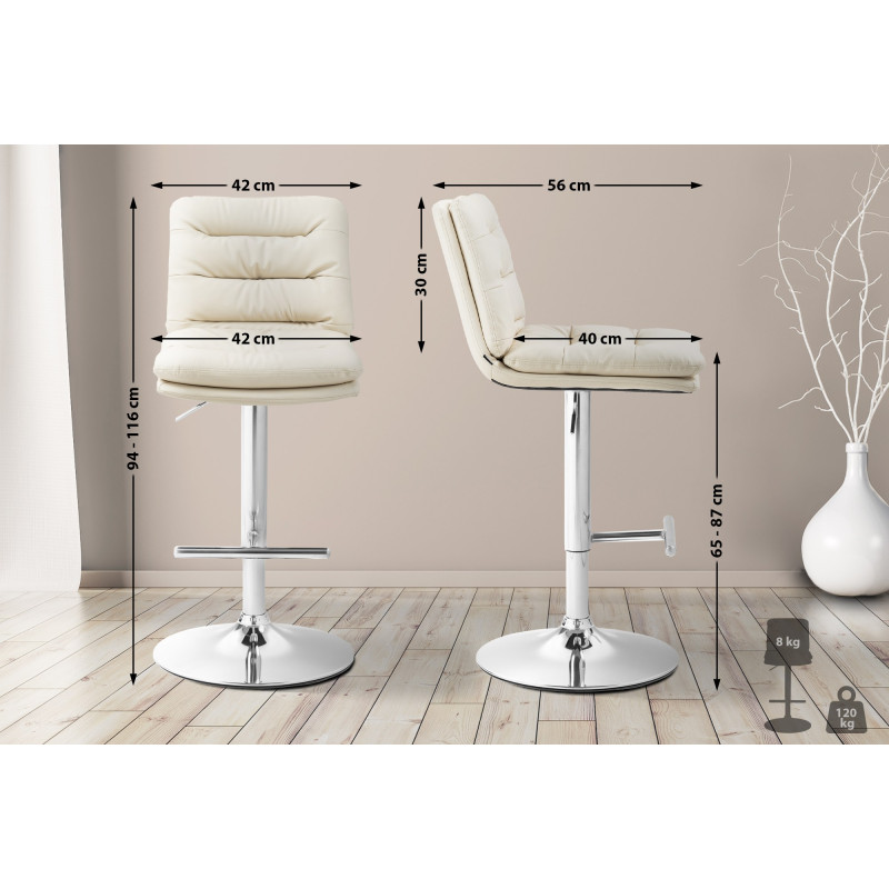 Tabouret de bar Damar, similicuir, chrome, crème