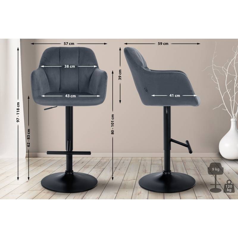 Tabouret de bar Natoma en velours, noir/gris foncé