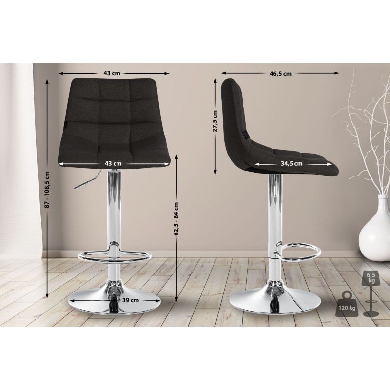 Ensemble de 2 tabourets de bar Jerry, tissu, chrome, noir