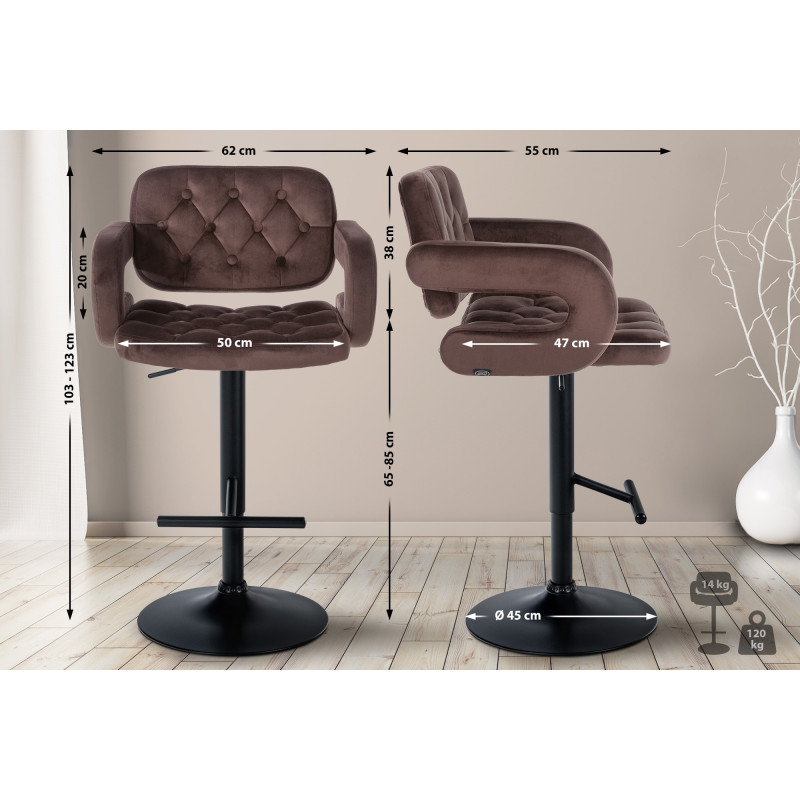 Tabouret de bar Dublin en velours, noir/marron