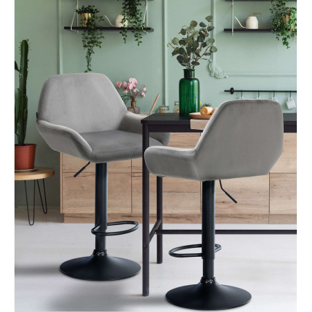 Ensemble de 2 tabourets de bar Braga, velours, noir et gris