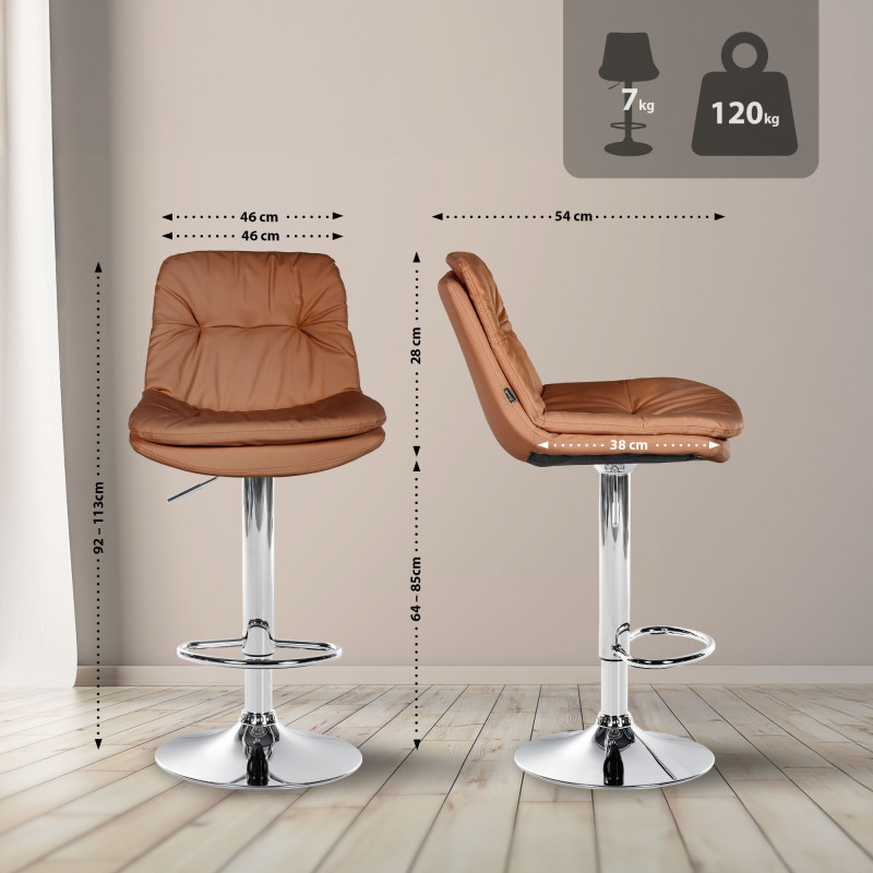 Tabouret de bar Laurel, similicuir, chromé, marron clair