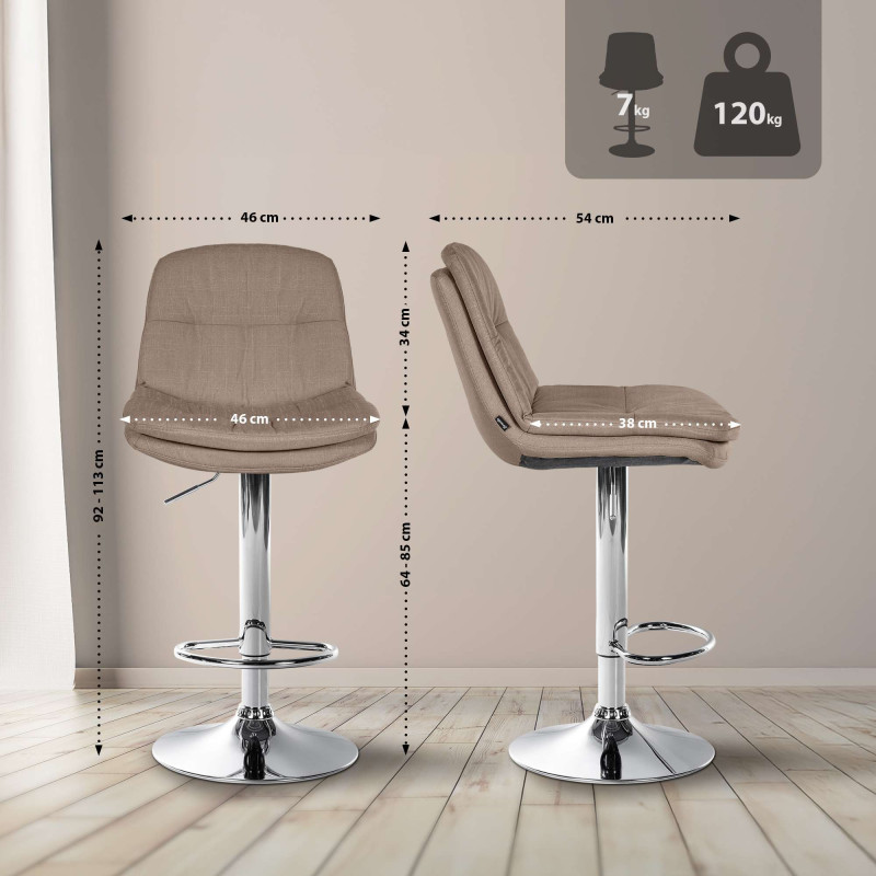 Tabouret de bar Laurel, tissu, chrome, taupe