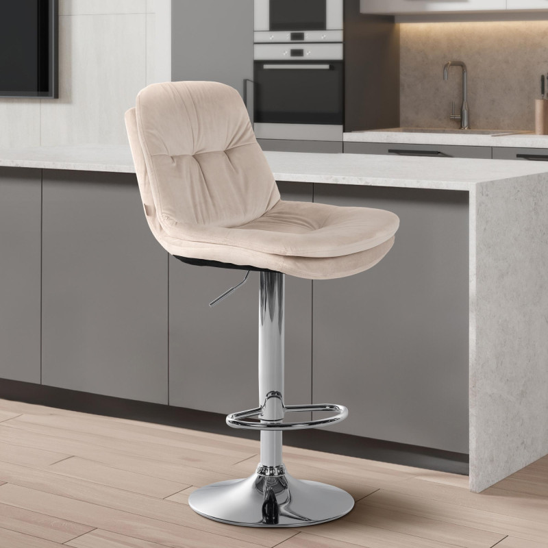 Tabouret de bar Laurel, velours, chrome, crème