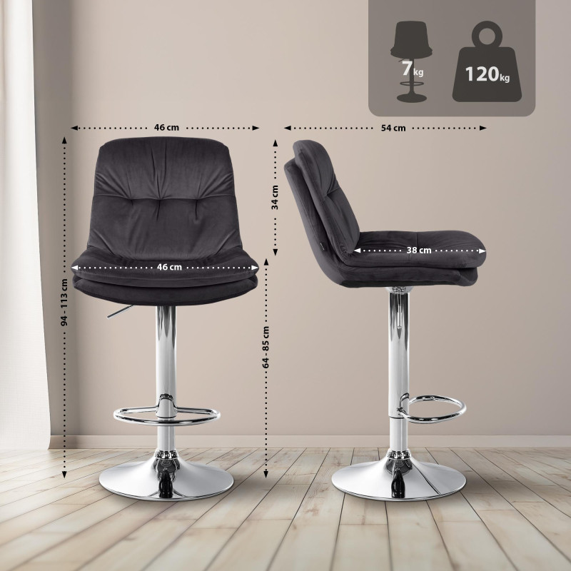 Tabouret de bar Laurel, velours, chrome, noir