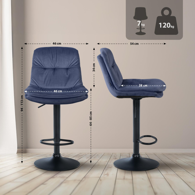 Tabouret de bar en velours Laurel, noir et bleu