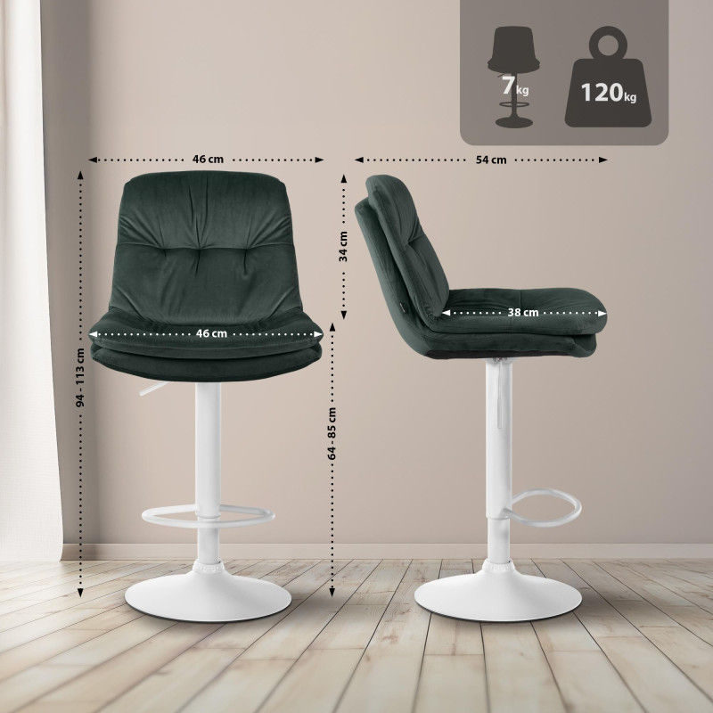 Tabouret de bar Laurel, velours, blanc/vert foncé