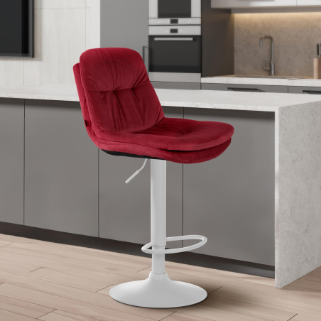 Tabouret de bar en velours Laurel, blanc/rouge