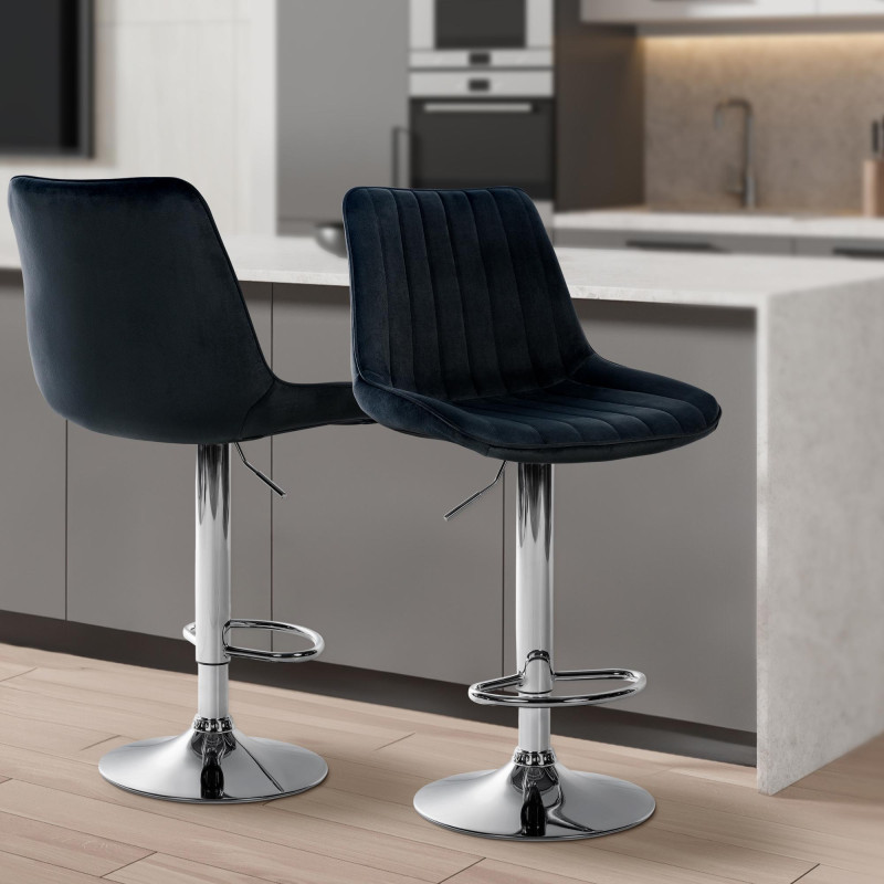 Juego de 2 taburetes de bar Toni, terciopelo, cromo, negro