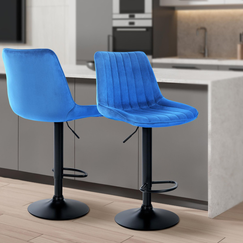 Juego de 2 taburetes de bar Toni de terciopelo, negro y azul