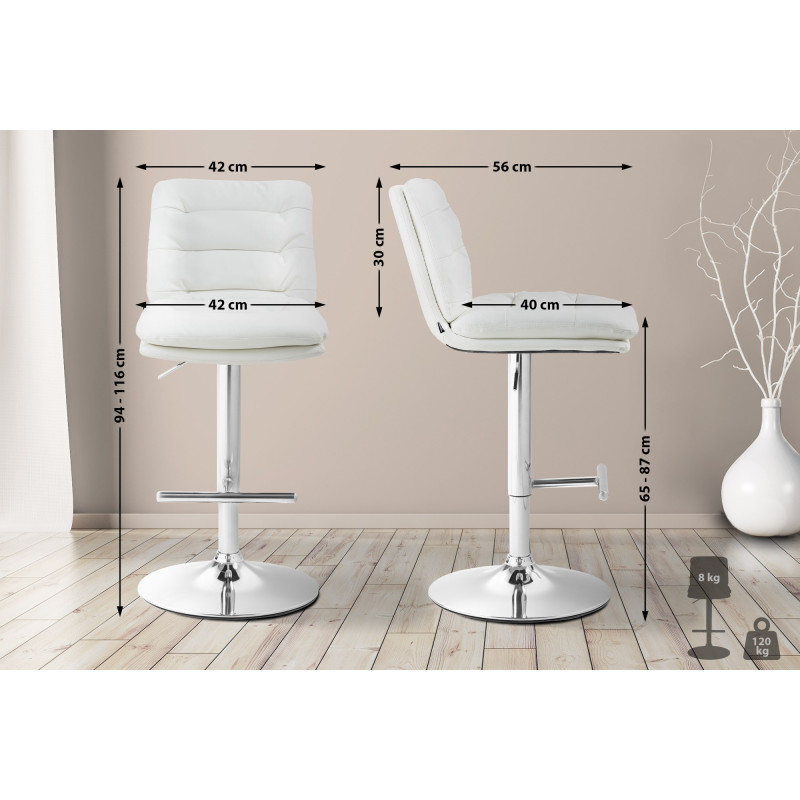 Lot de 2 tabourets de bar Damar, simili cuir, chrome et blanc