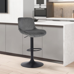 Tabouret de bar Solon, velours noir, gris foncé