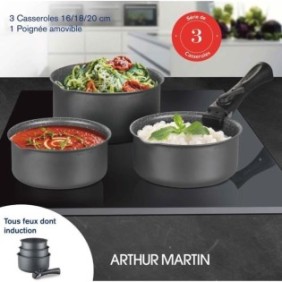 Batterie de cuisine ARTHUR MARTIN AM777GM Set de 3 casseroles - Gris Mat 16-18-20 cm + 1 poignée amovible - Tous feux dont induc