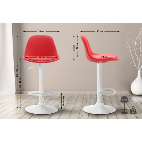 Tabouret de bar Kiel, entièrement rembourré, similicuir, blanc/rouge