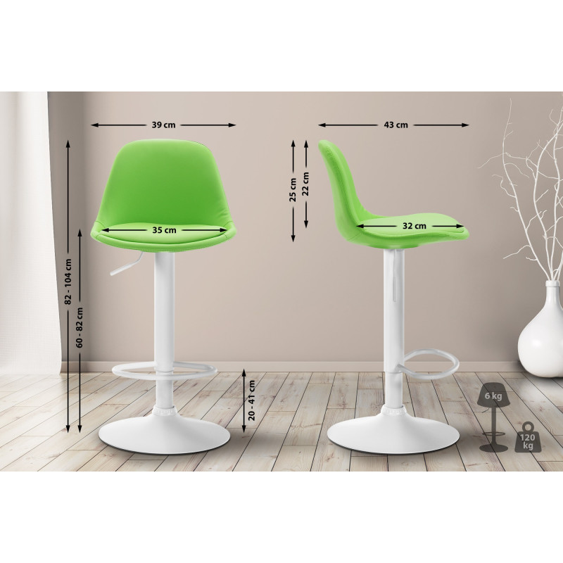 Banqueta de bar Kiel, totalmente estofada, em couro sintético, branca/verde