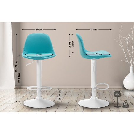 Tabouret de bar Kiel, entièrement rembourré, similicuir, blanc/bleu