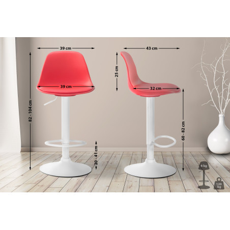 Tabouret de bar Kiel, similicuir, blanc/rouge