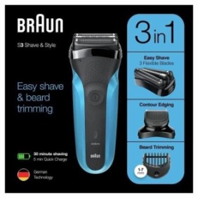 Braun Series 3 Shave & Style Rasoir Électrique Homme 3-En-1 Noir/Bleu, Équipé De La Technologie Wet & Dry Avec Tondeuse a Barbe 