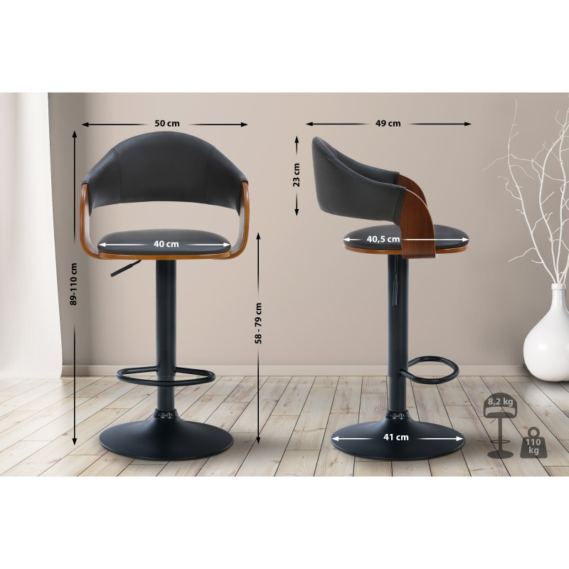 Lot de 2 tabourets de bar Nilse, similicuir, noir, noyer/noir