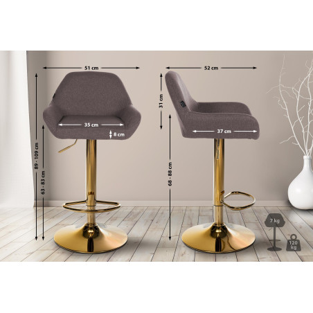 Tabouret de bar Braga Gold, tissu marron