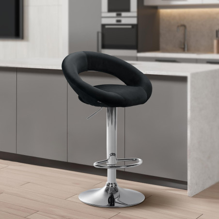 Tabouret de bar Olinda, velours, chrome, noir